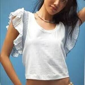 Anthropologie top flutter-sleeve top with blue embroidered trim M (B110135)